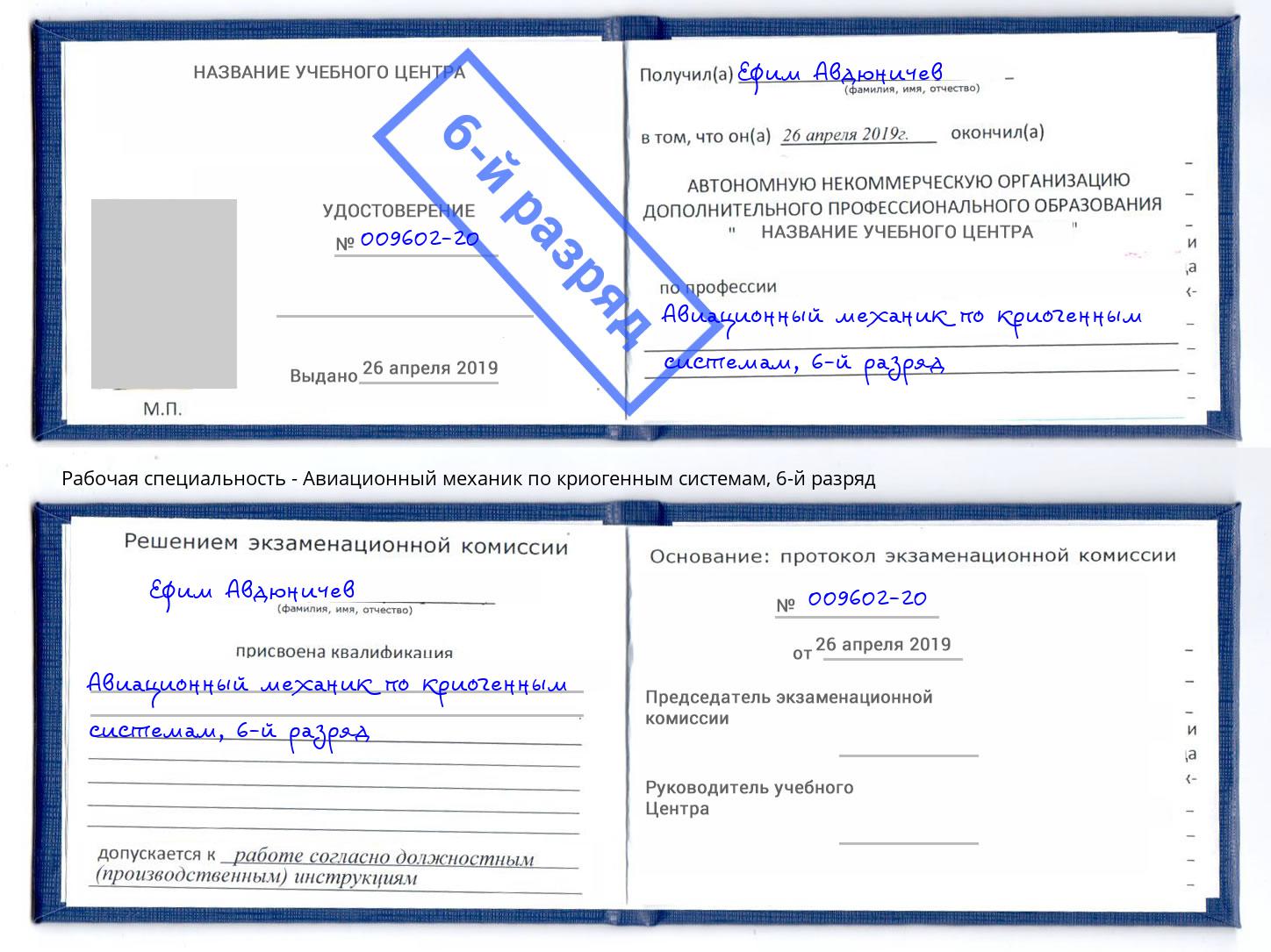 корочка 6-й разряд Авиационный механик по криогенным системам Омск