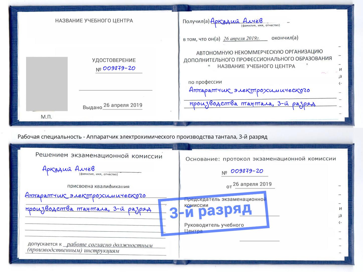 корочка 3-й разряд Аппаратчик электрохимического производства тантала Омск