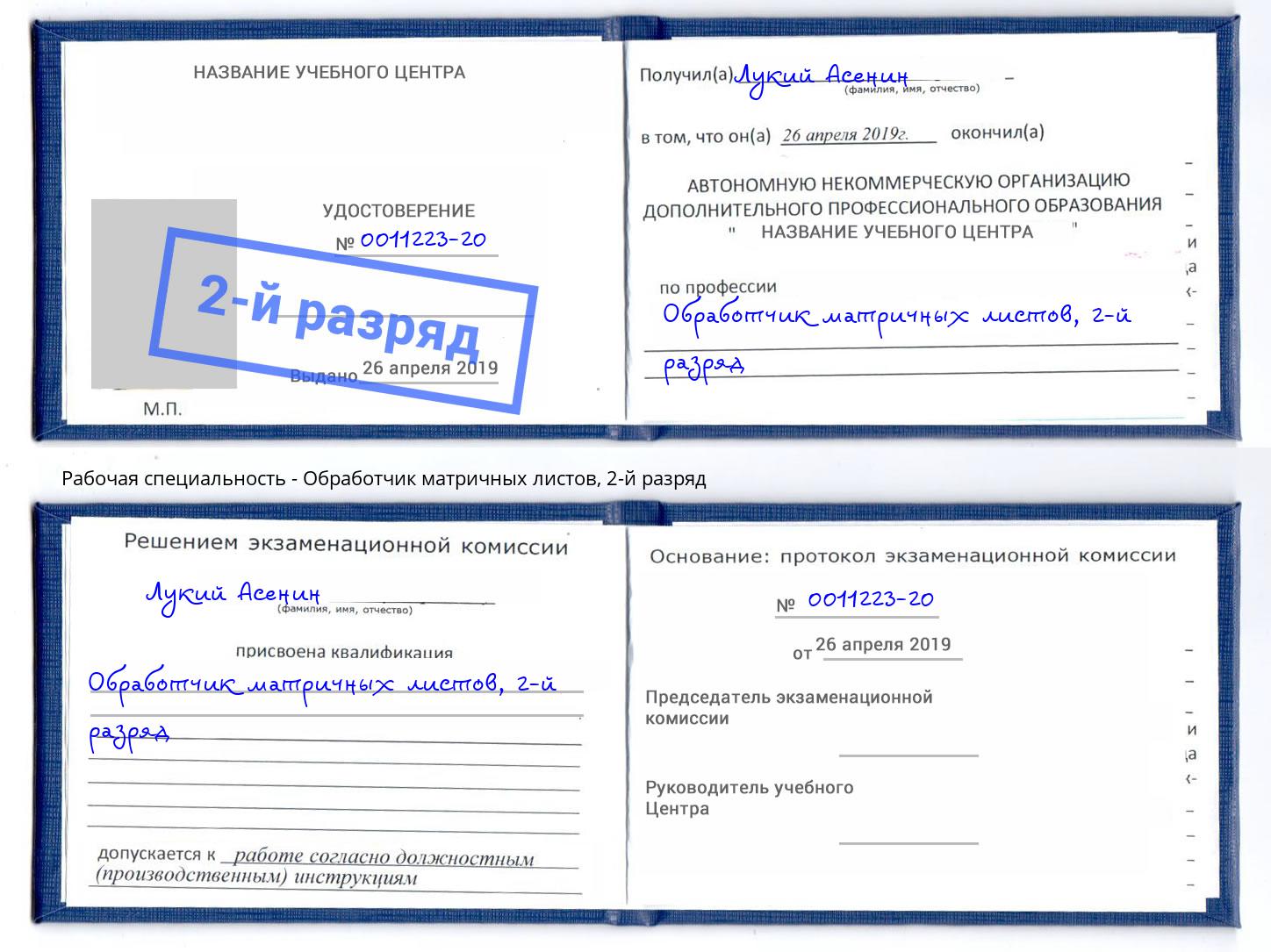 корочка 2-й разряд Обработчик матричных листов Омск